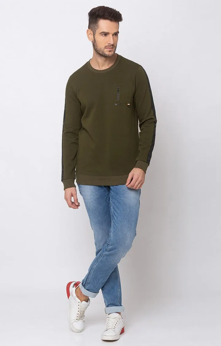 Spykar Green Cotton Slim Fit Sweatshirt For Men