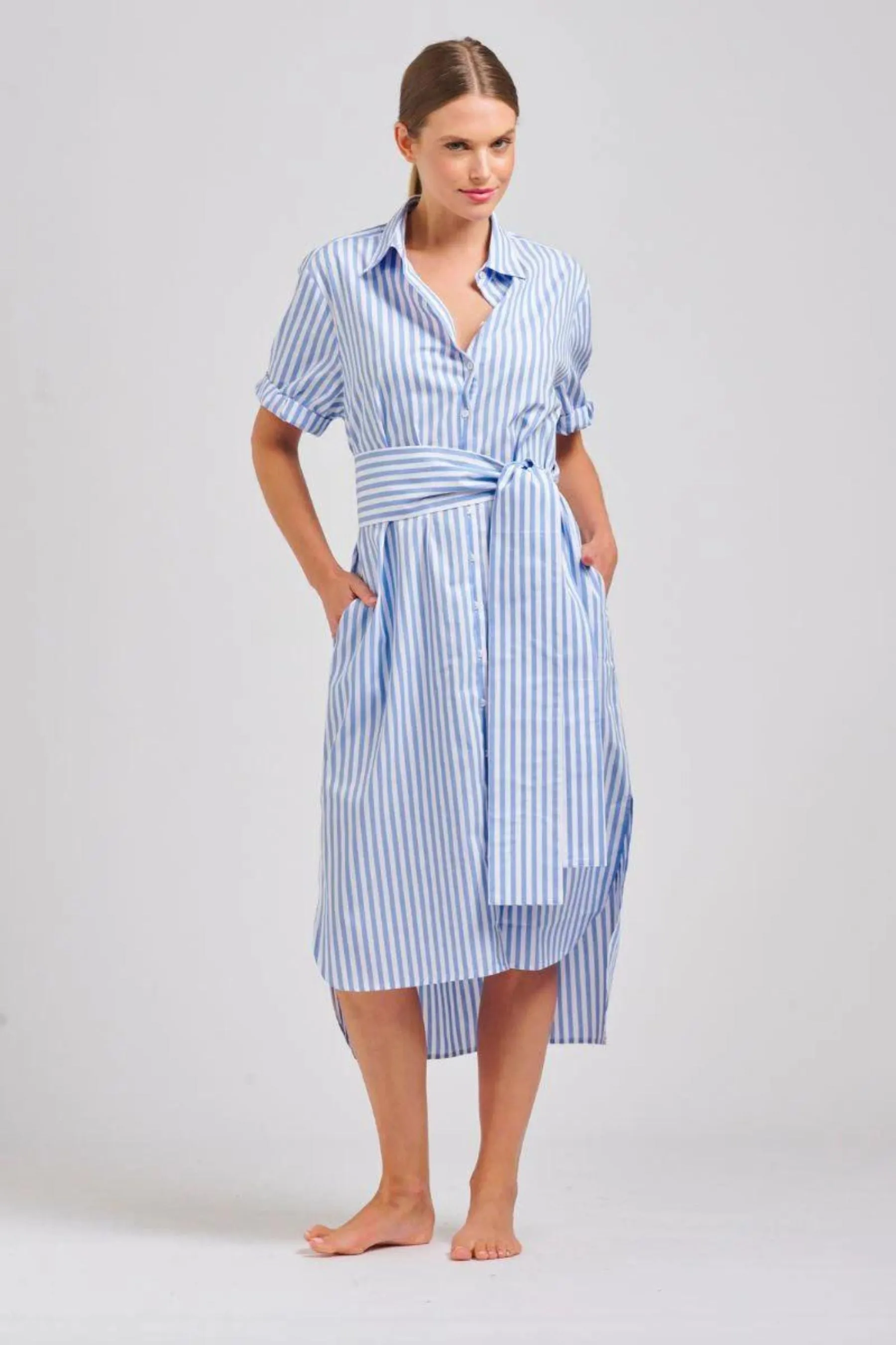 The Annie Longline Shirt Dress | Mid Blue Stripe