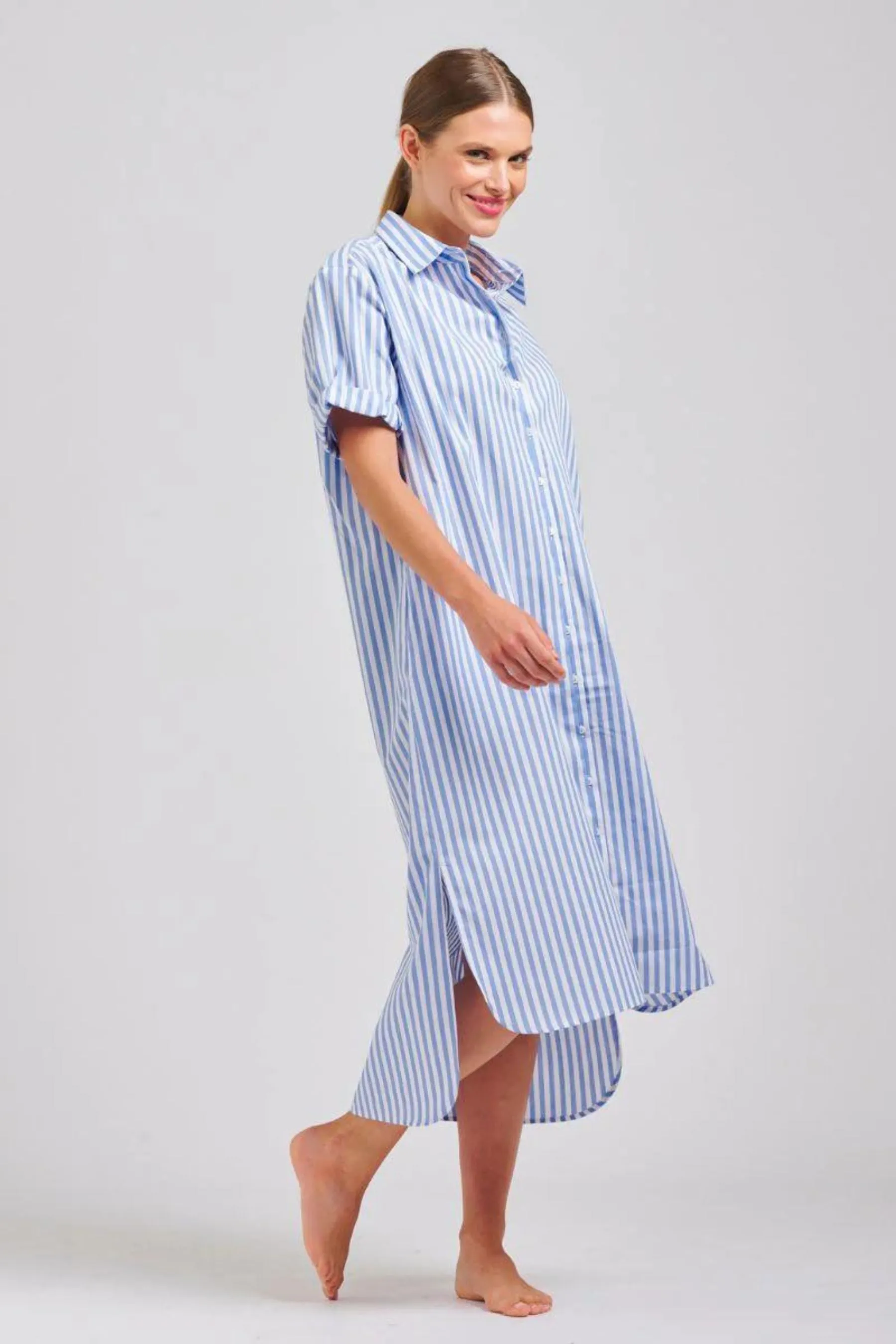 The Annie Longline Shirt Dress | Mid Blue Stripe