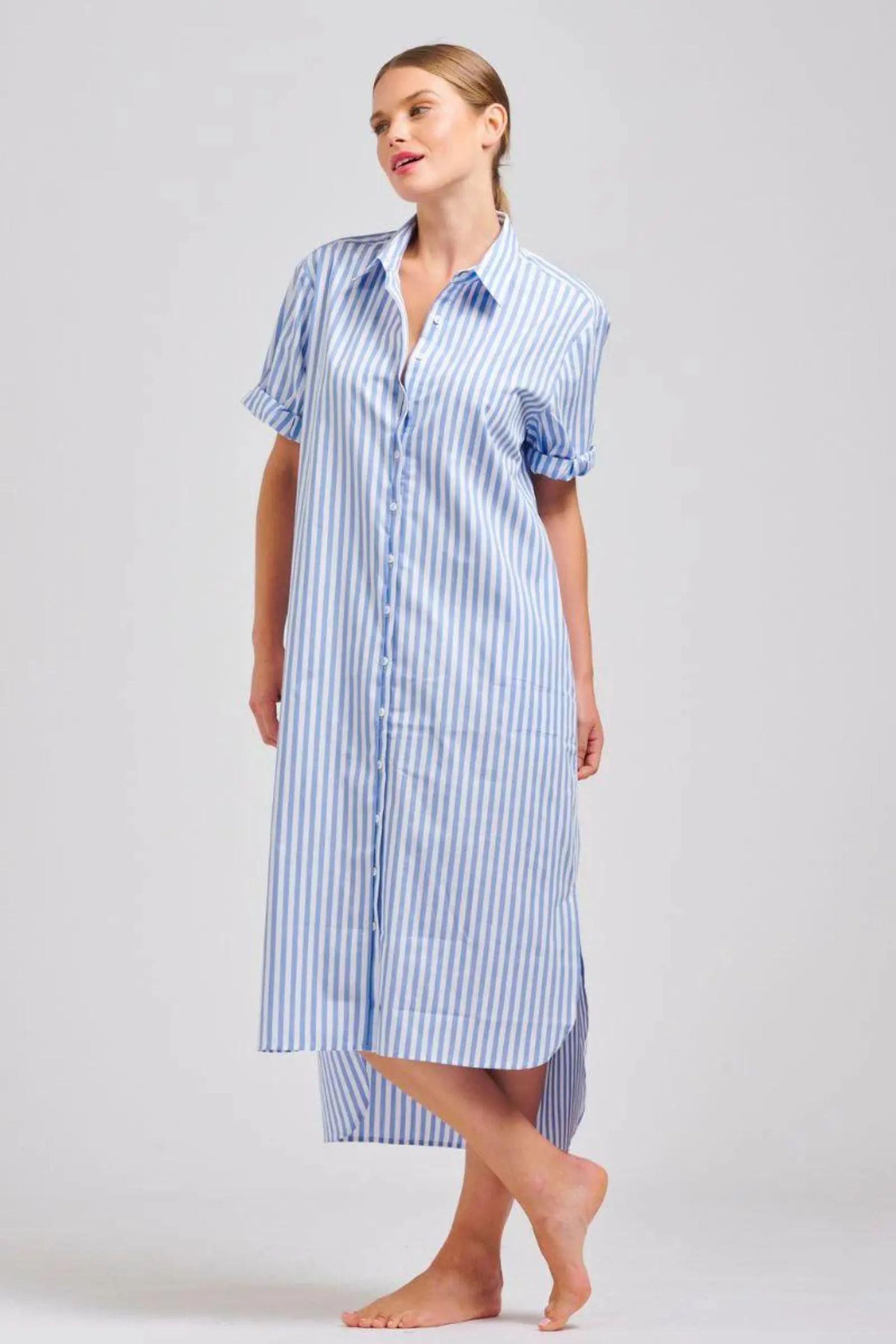 The Annie Longline Shirt Dress | Mid Blue Stripe