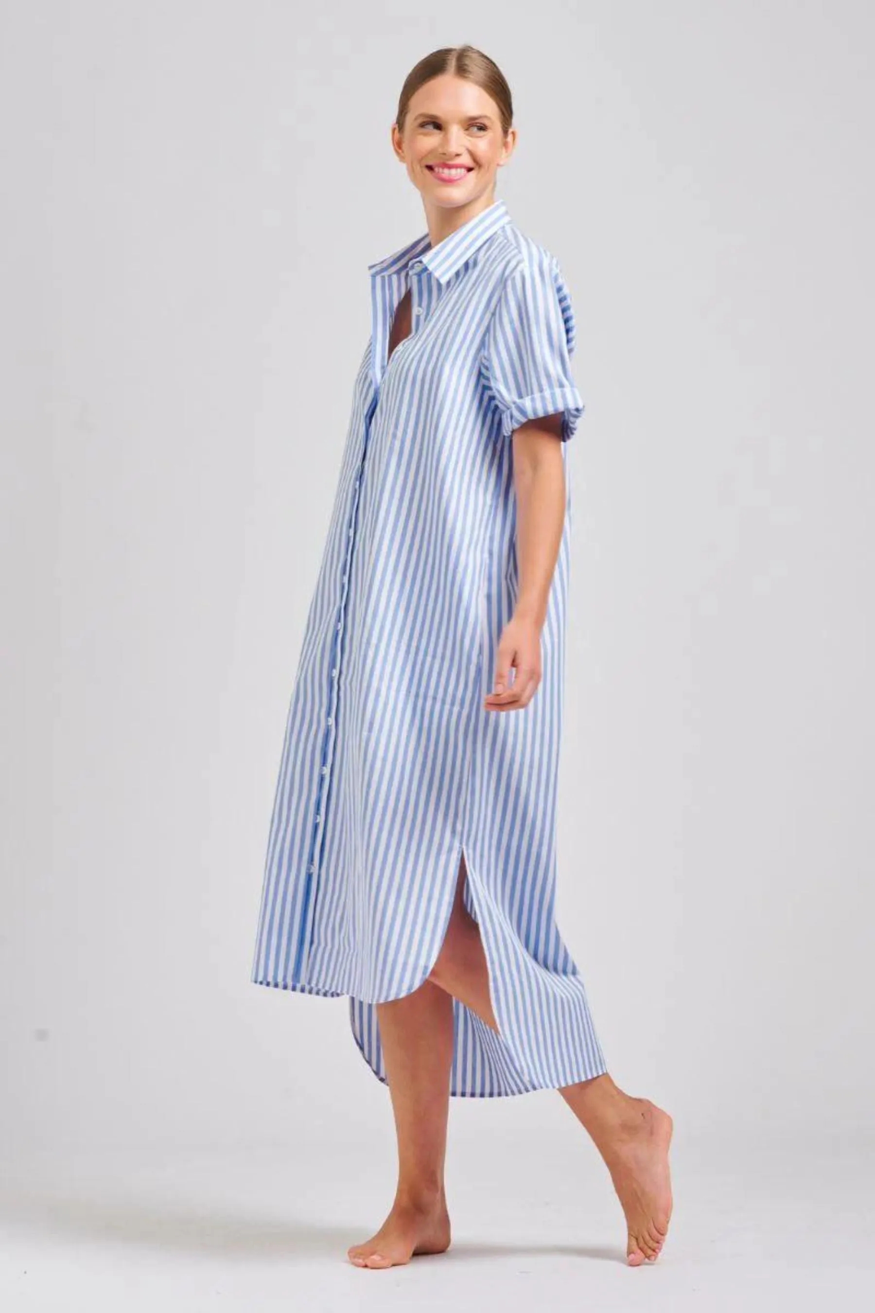 The Annie Longline Shirt Dress | Mid Blue Stripe