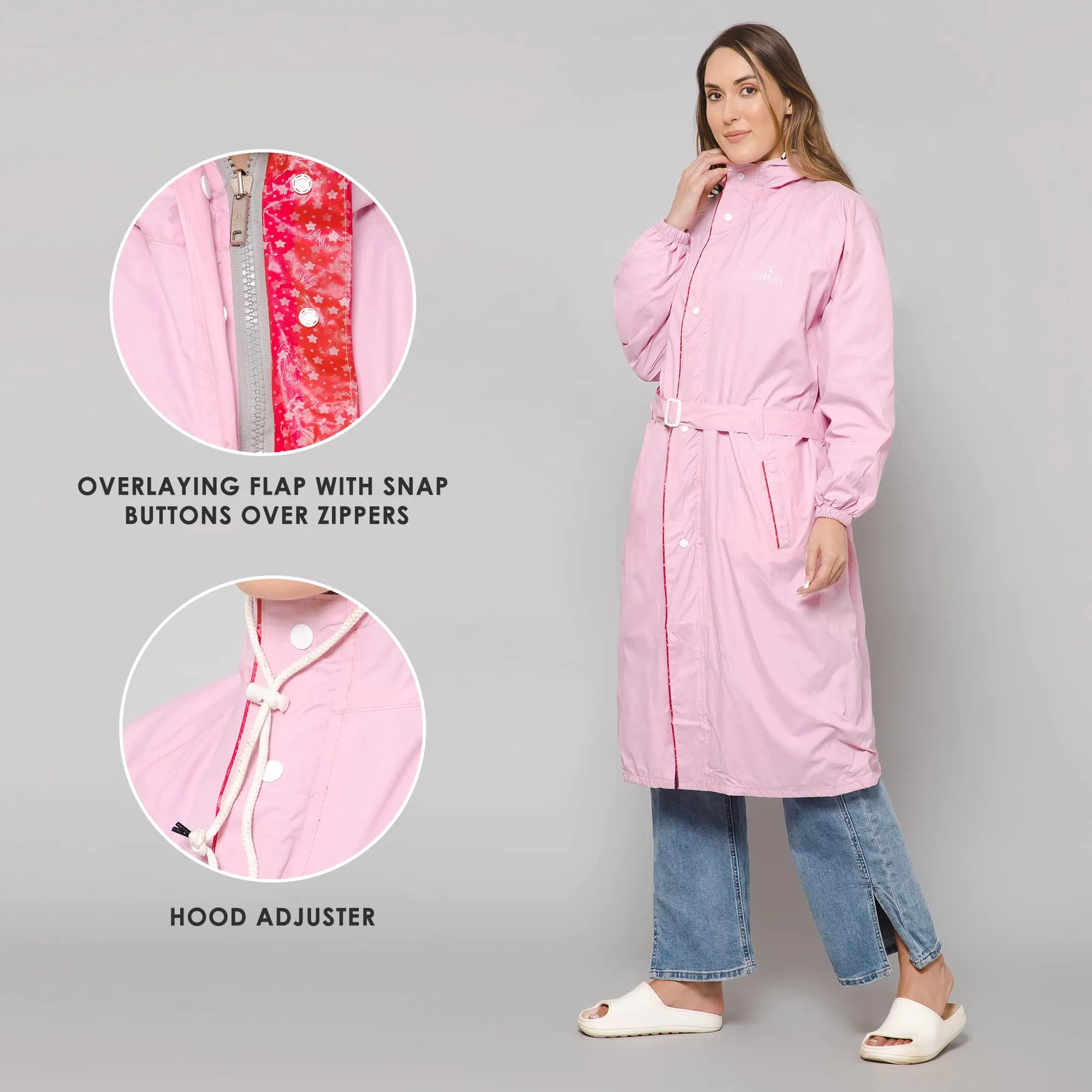 THE CLOWNFISH Raincoats for Women Rain Coat for Women Longcoat Raincoat for Ladies Waterproof Reversible Double Layer. Aquashield Series (Baby Pink, Large)