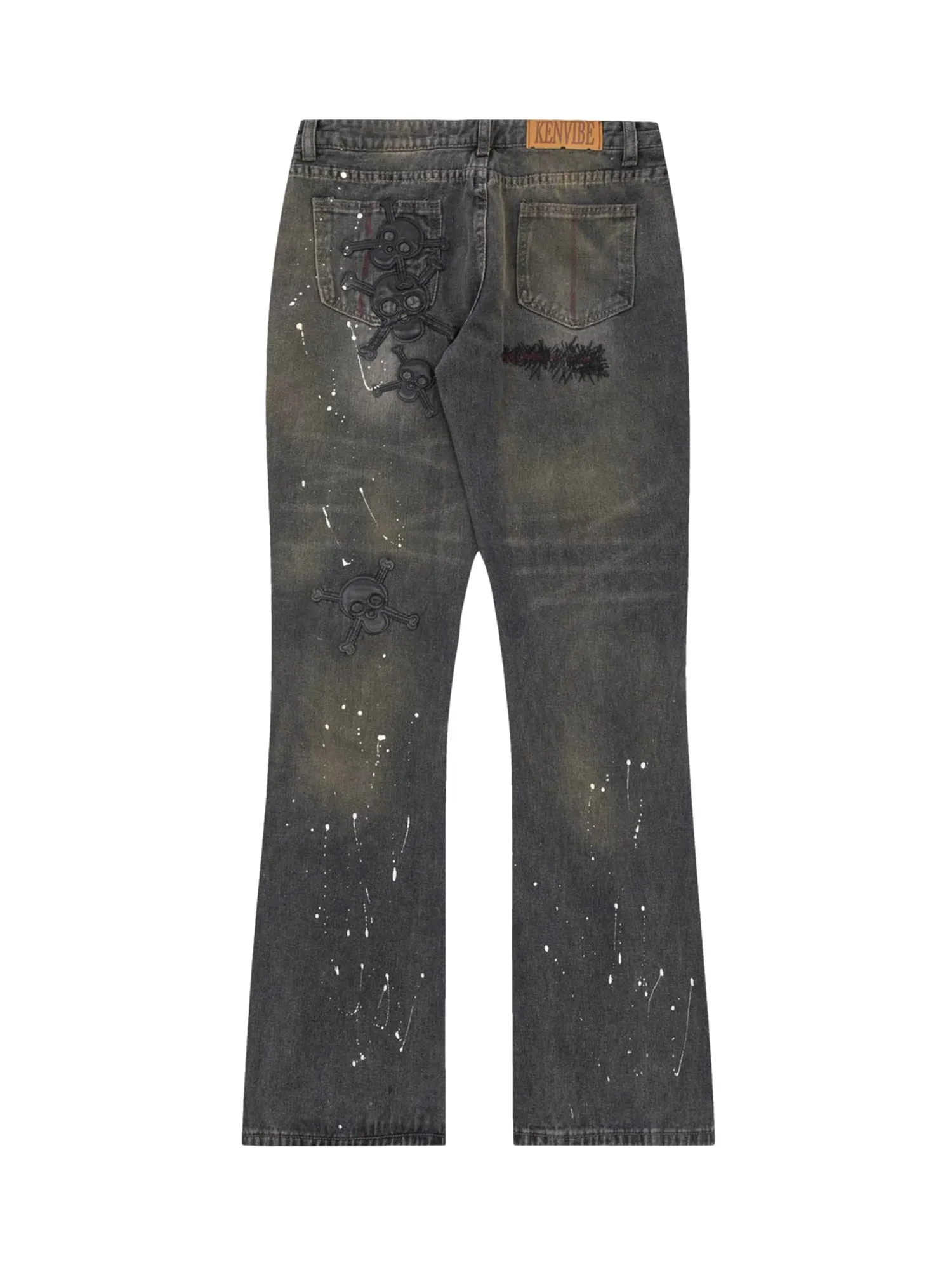 Thesupermade Leather Skull Splash Ink Micro-flared Jeans