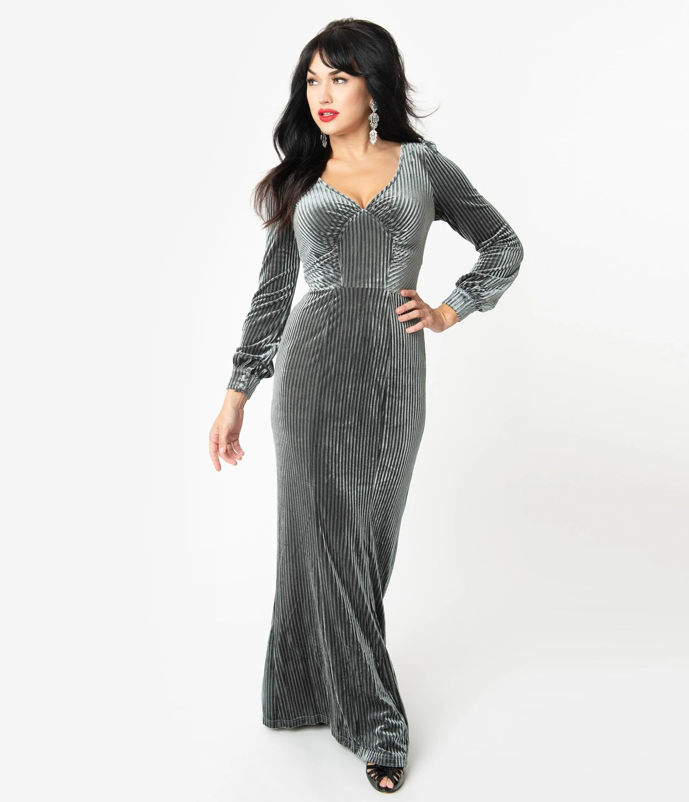 Voodoo Vixen 1930s Charcoal Grey Velvet Long Sleeve Maxi Dress