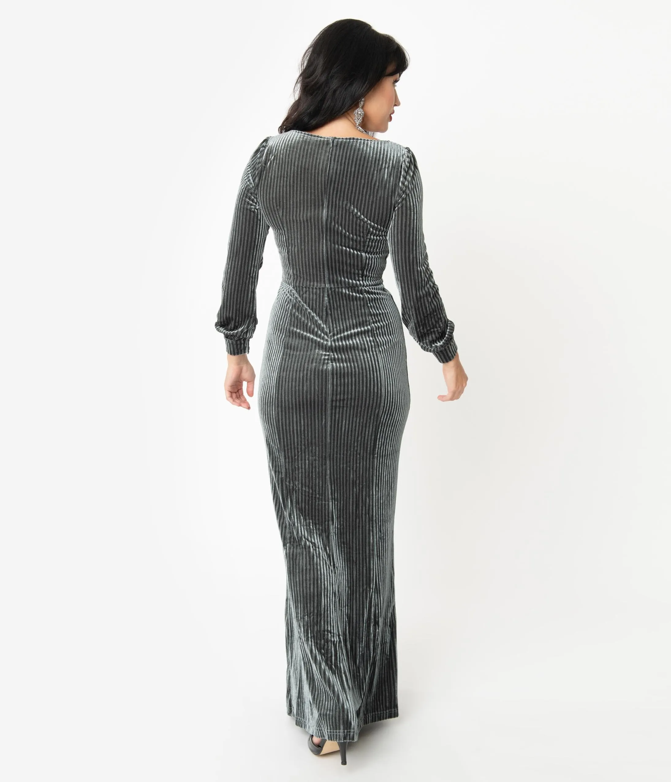 Voodoo Vixen 1930s Charcoal Grey Velvet Long Sleeve Maxi Dress