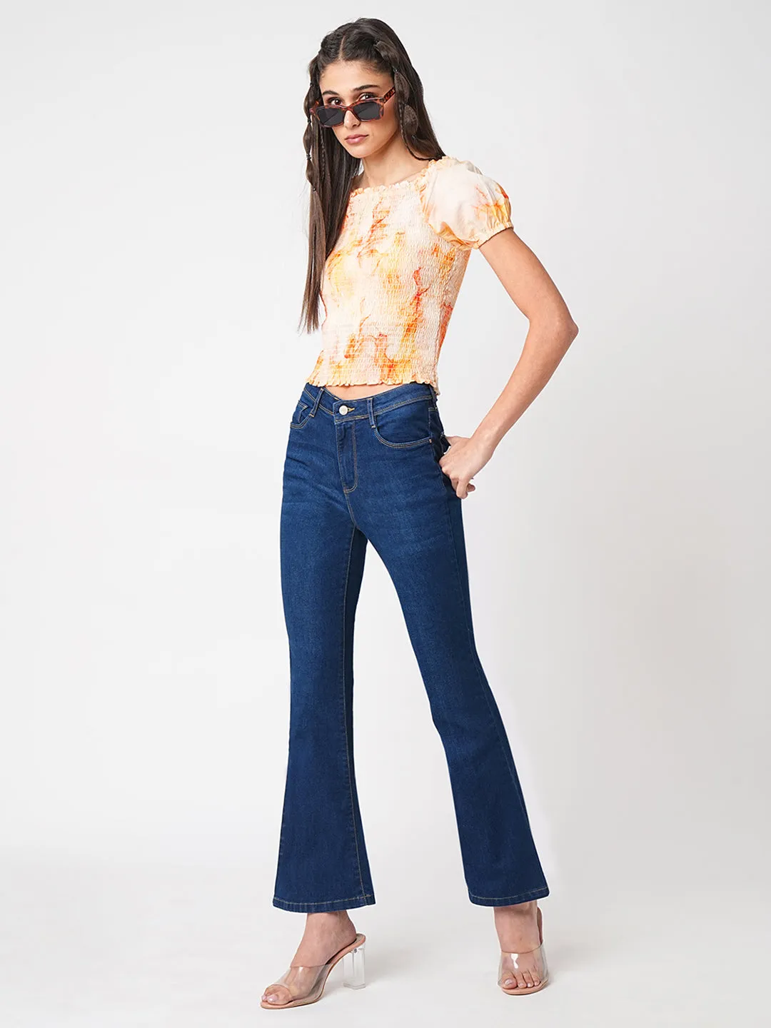 Women High-Rise Mini Flare Jeans