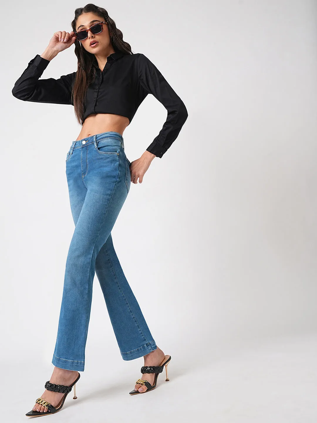 Women High-Rise Mini Flare Jeans