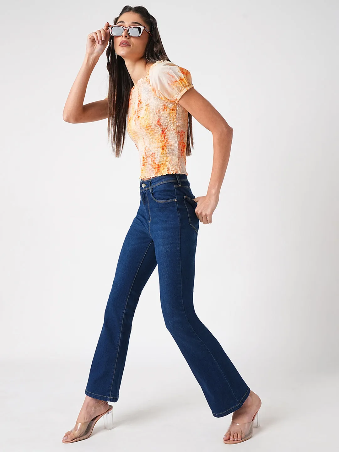 Women High-Rise Mini Flare Jeans