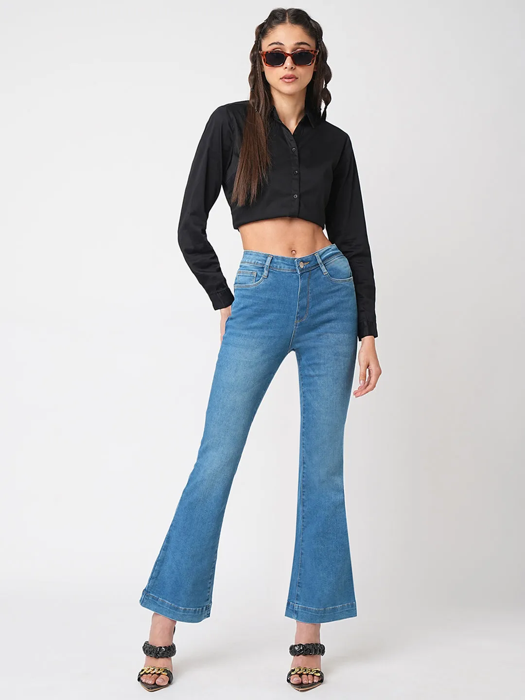 Women High-Rise Mini Flare Jeans