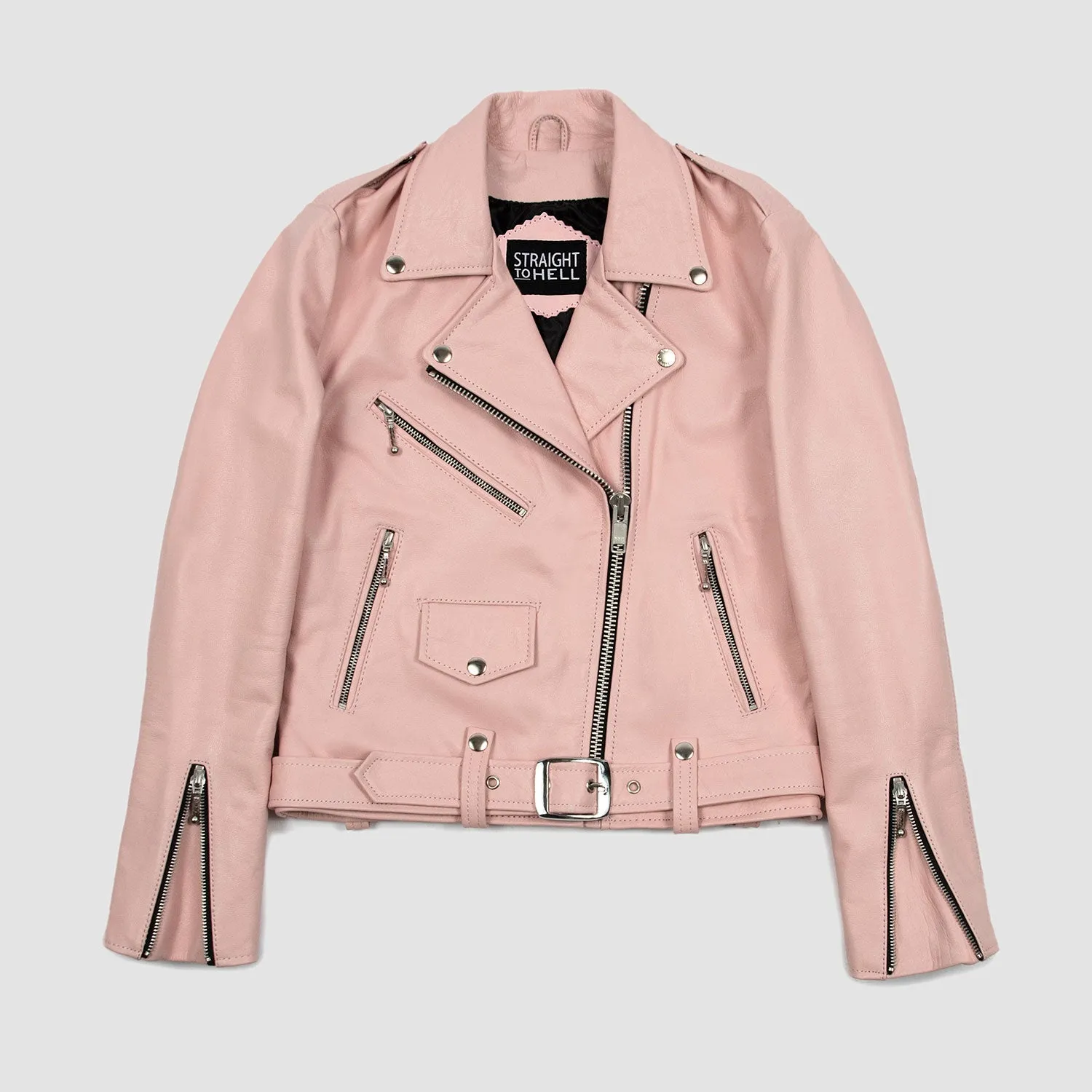 Women's Classic Fit Commando Leather Jacket - Dusty Pink/Nickel