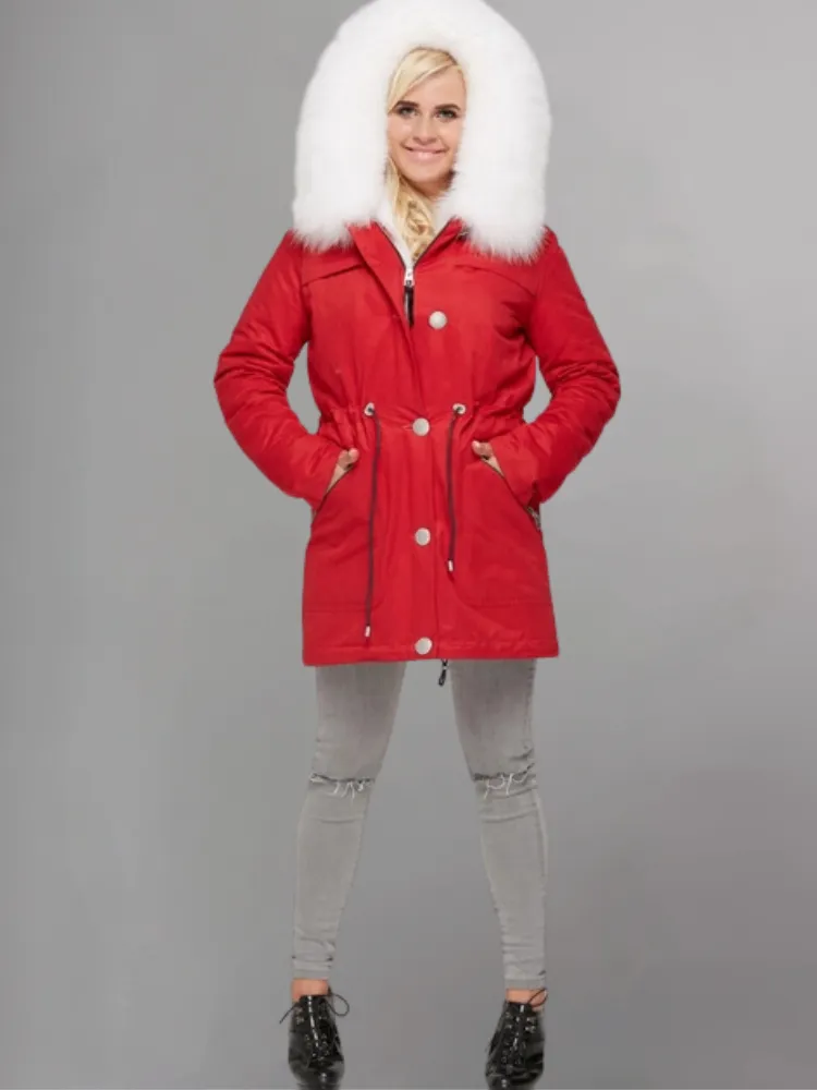 women's Red parka with white fur